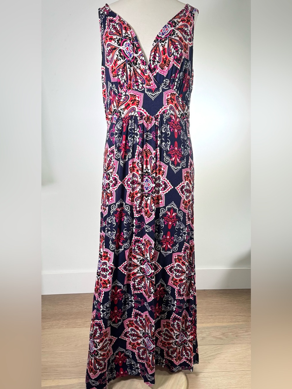 Loveappella 2X Navy Paisley Maxi Dress Crisscross Back Slinky